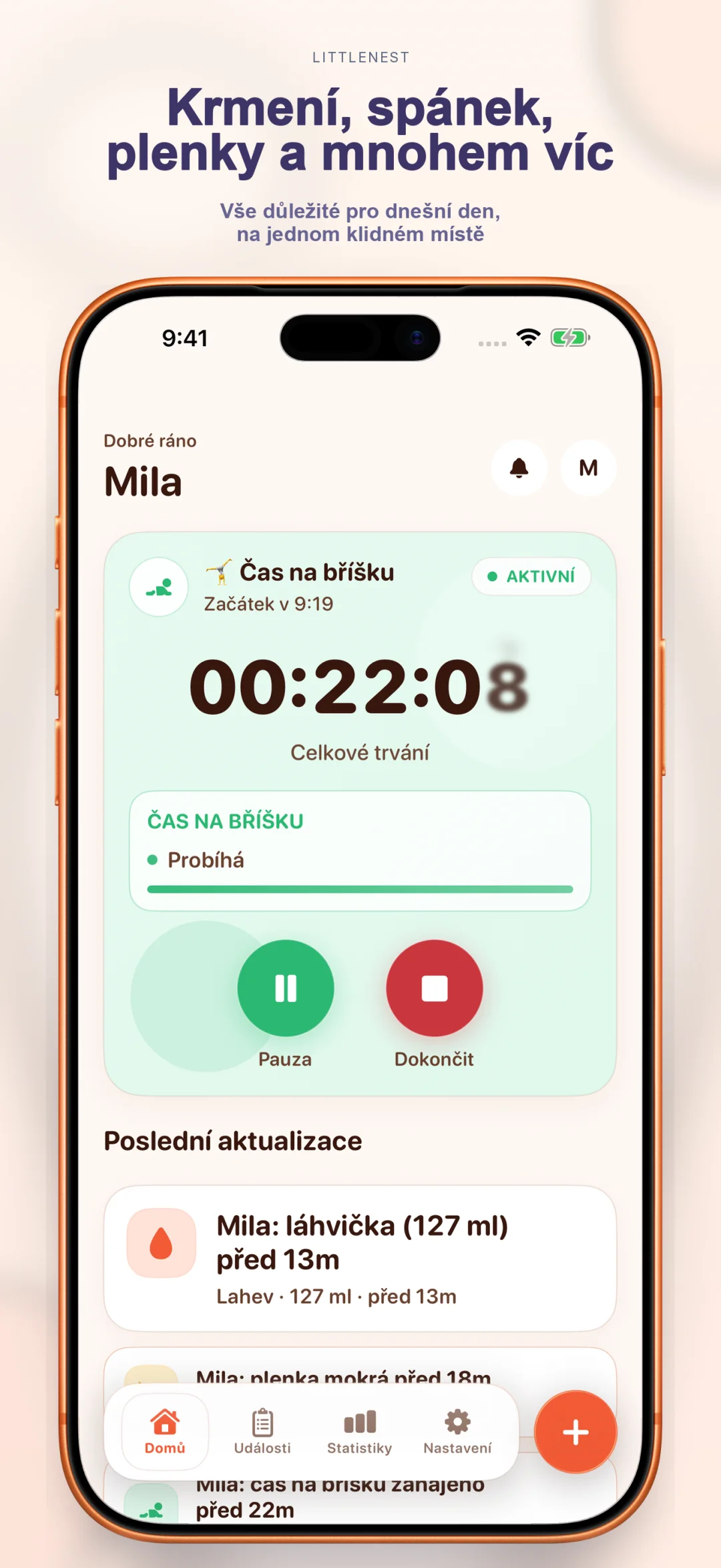 Domovská obrazovka LittleNest zobrazující krmení, spánek, pleny a další