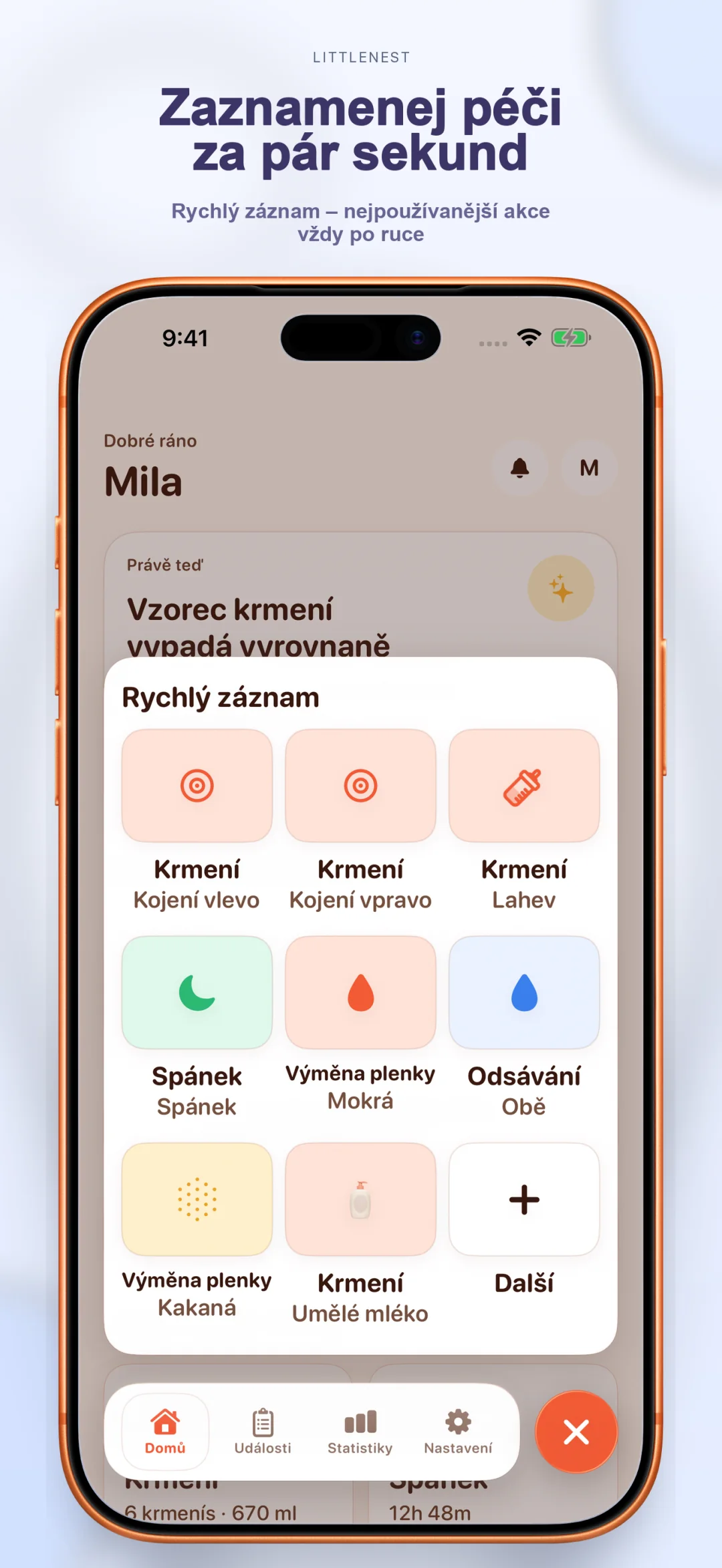 Obrazovka rychlého záznamu událostí péče
