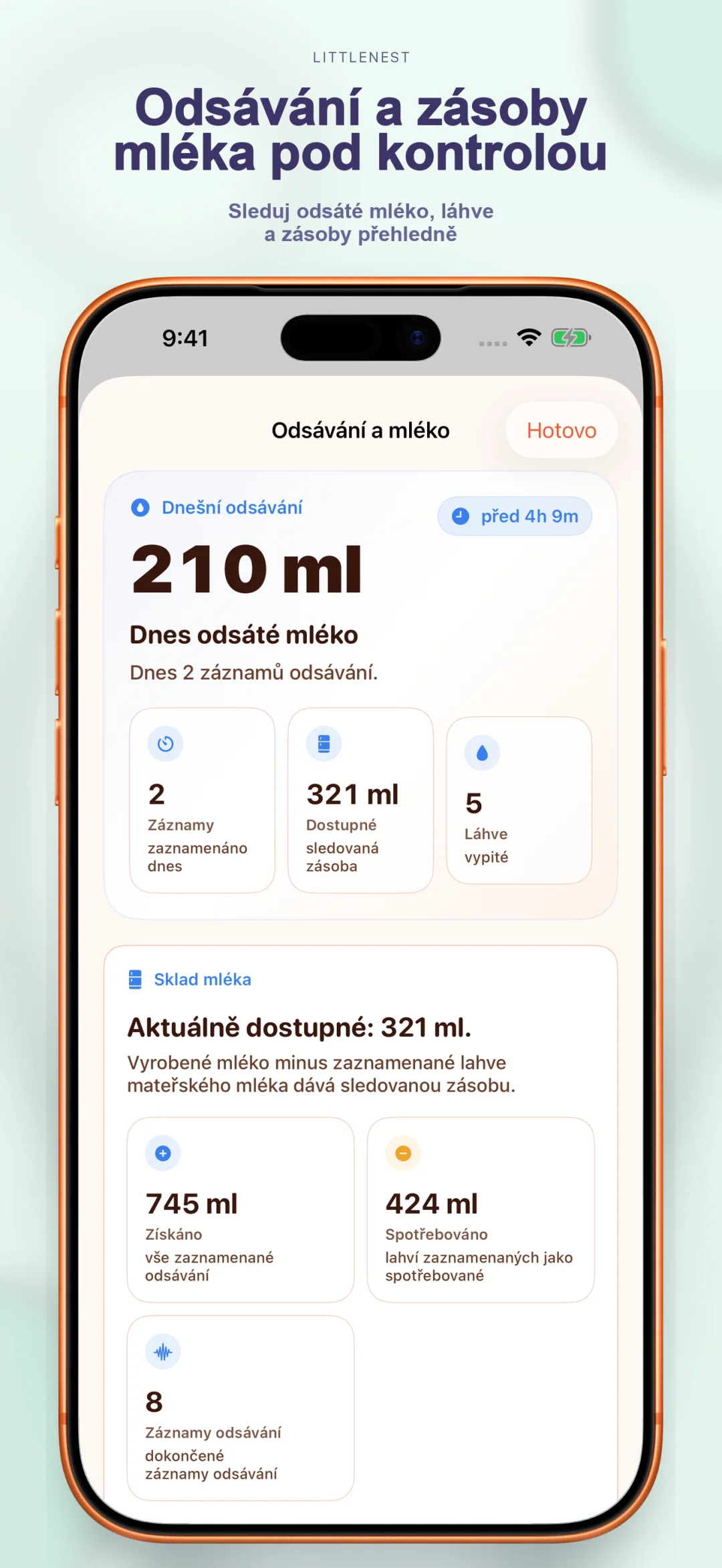 Sledování odsávání a zásoby mléka