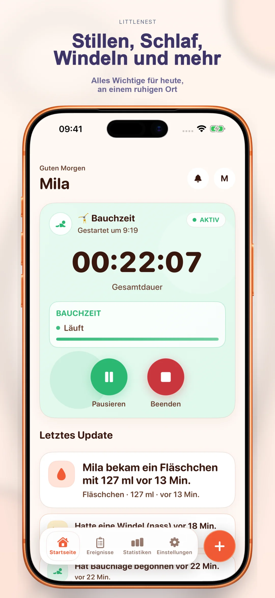 LittleNest-Startbildschirm mit Mahlzeiten, Schlaf, Windeln und mehr