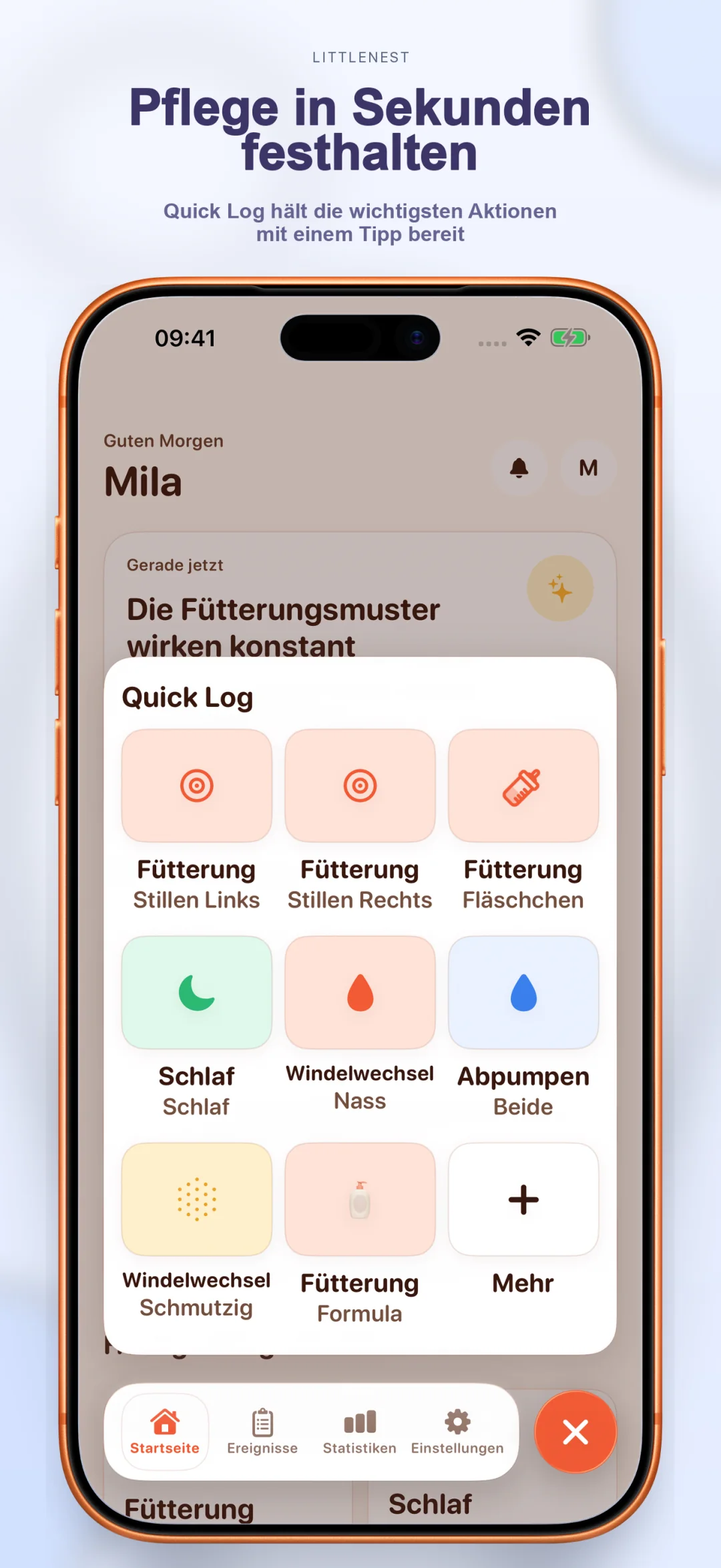 Schnellprotokoll-Bildschirm für Pflegeereignisse