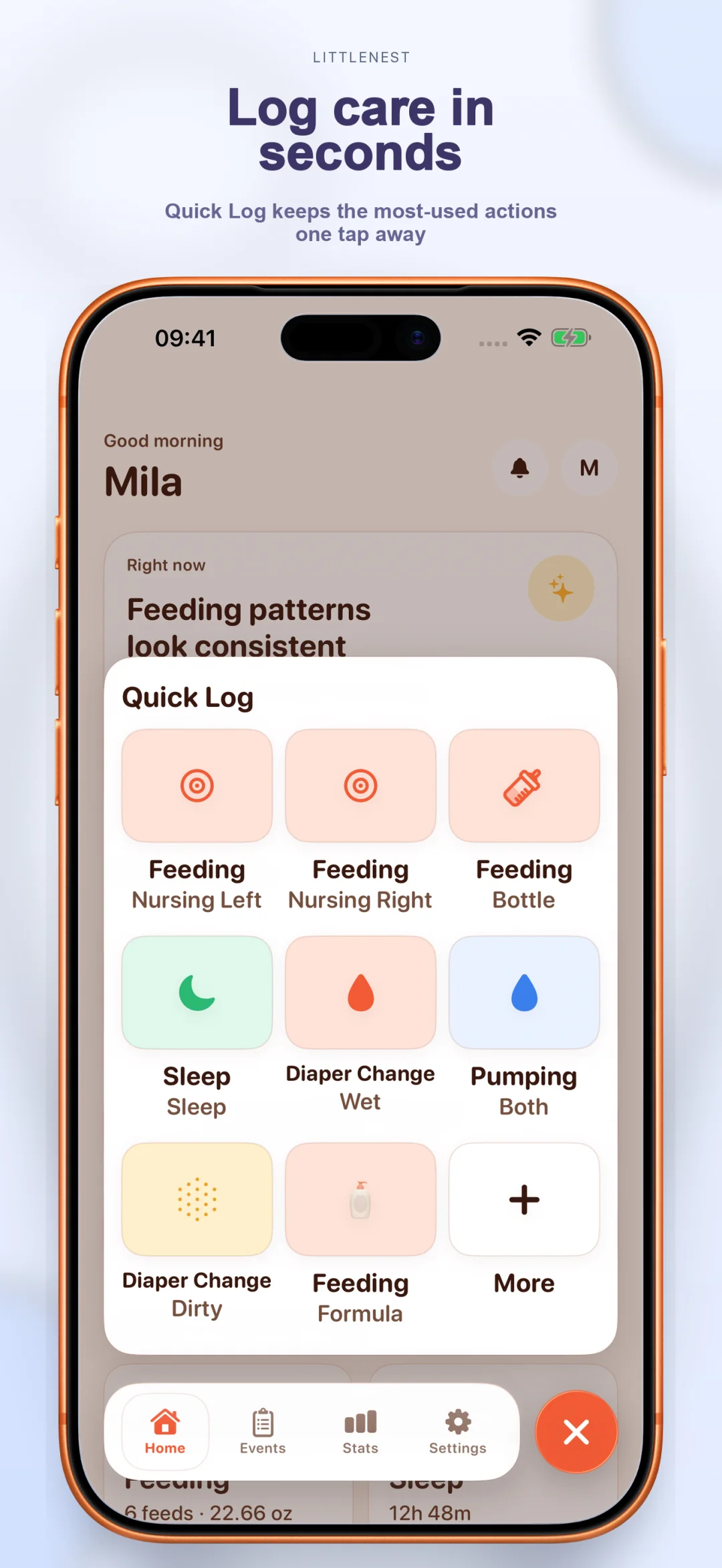 Quick-log screen for care events