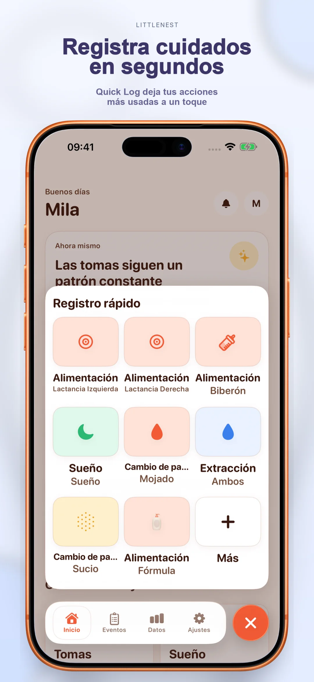 Pantalla de registro rápido para eventos de cuidado