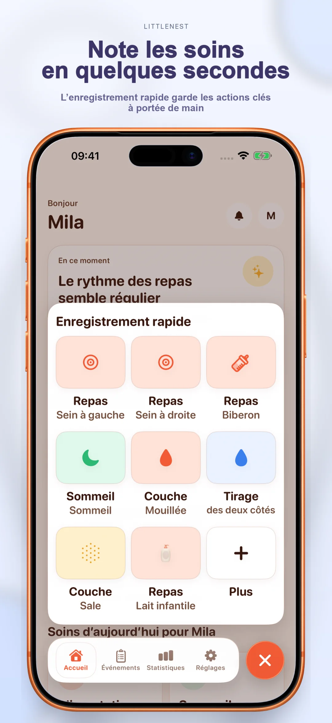 Écran d'enregistrement rapide pour les soins