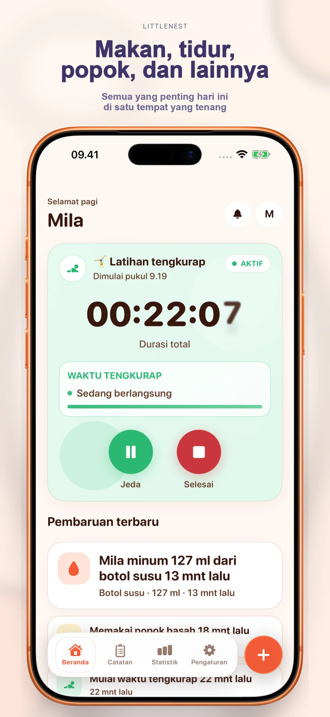 Layar beranda LittleNest menampilkan menyusui, tidur, popok, dan lainnya