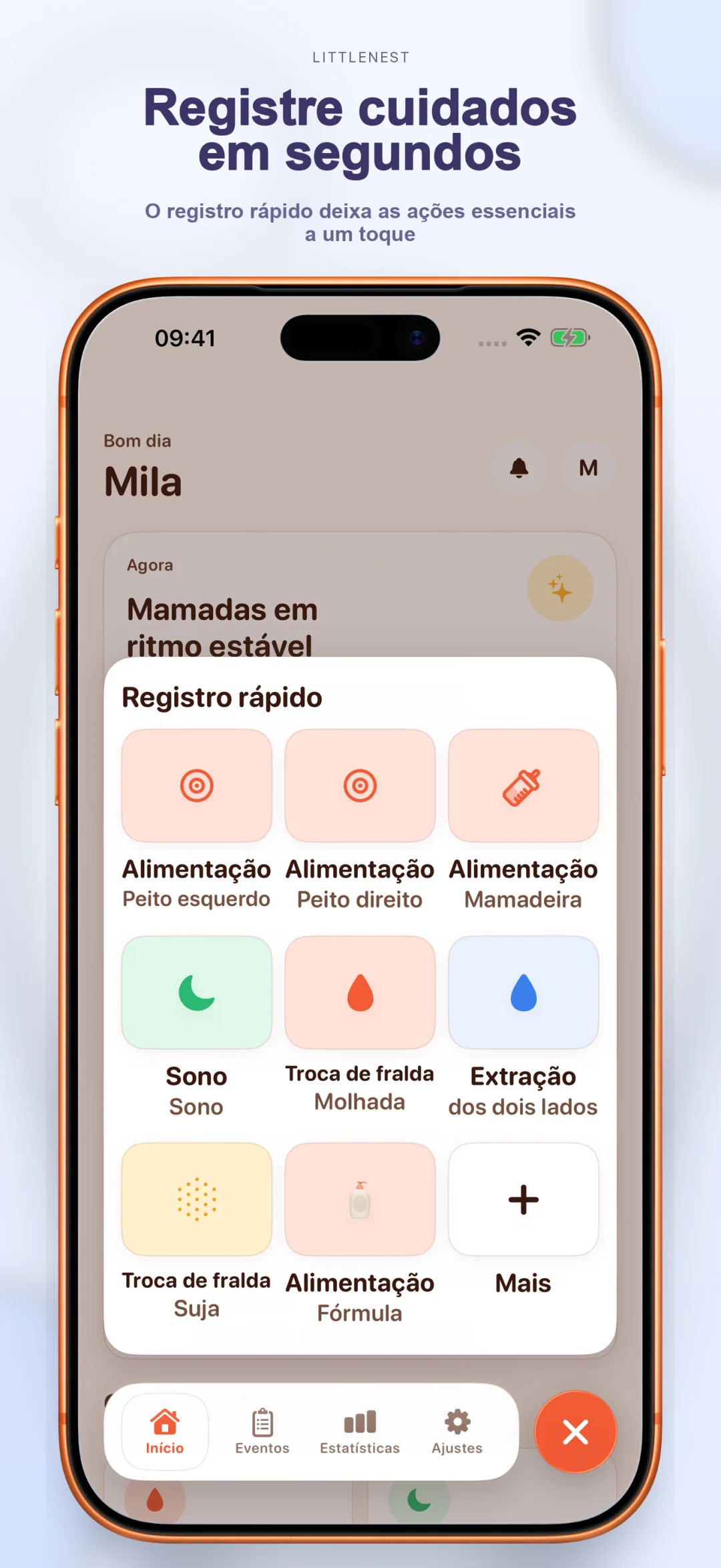 Tela de registro rápido de eventos de cuidado